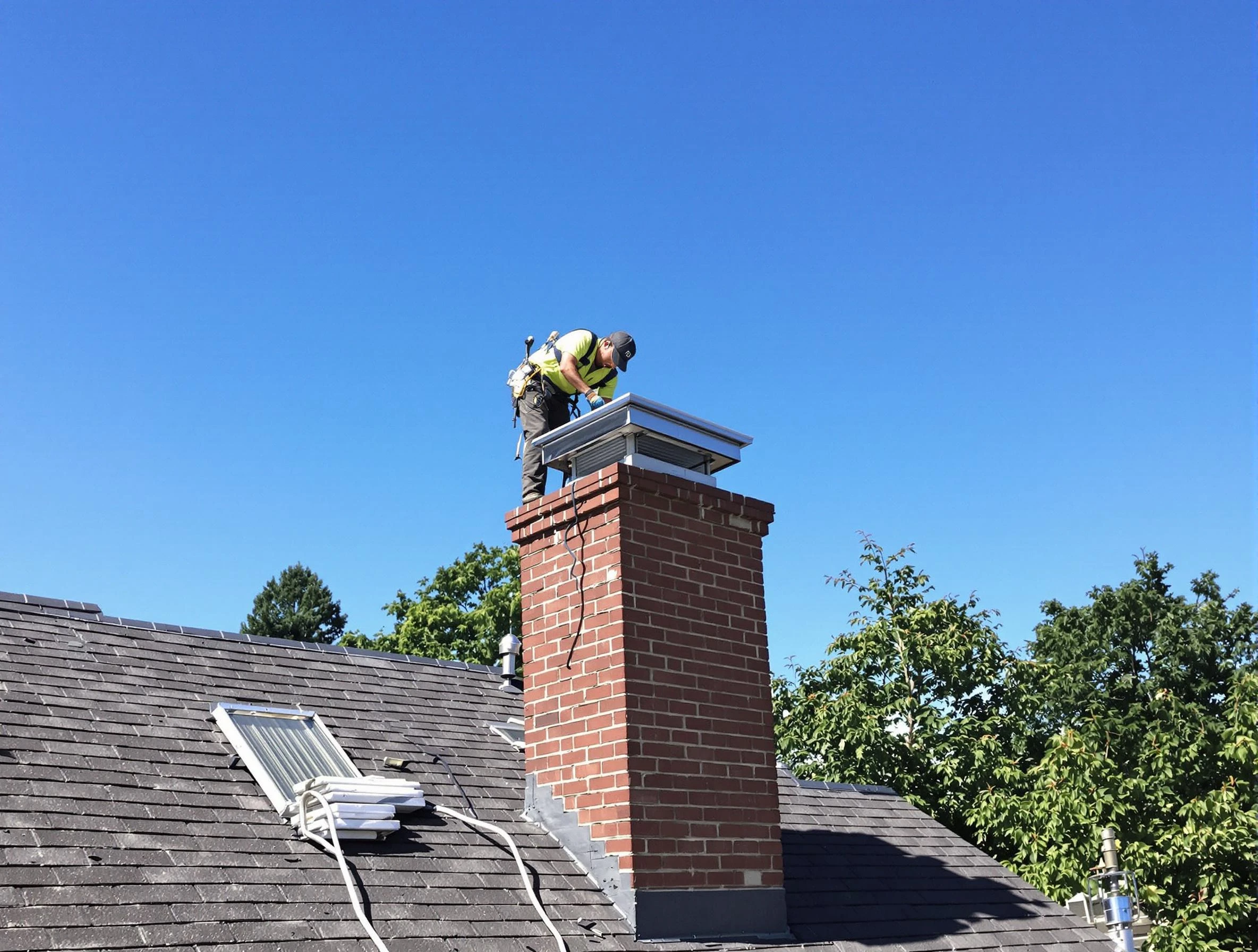 Mount Lebanon Chimney Sweep technician measuring a chimney cap in Mount Lebanon, PA